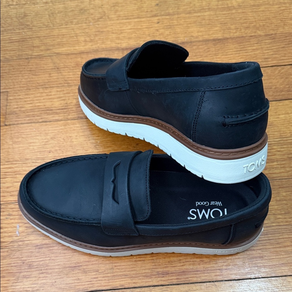 TOMS Men's Black Leather Slip-On Loafers Trvl Lite Havana